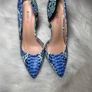 JustFab Blue Stiletto Heels with Iridescent Snakeskin